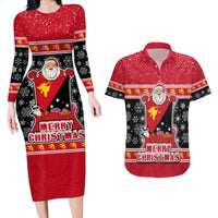 Custom Papua New Guinea Christmas Couples Matching Long Sleeve Bodycon Dress and Hawaiian Shirt Santa With Flag Of PNG Polynesian Tribal Xmas Vibe LT03 Red - Polynesian Pride