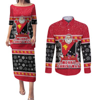 Custom Papua New Guinea Christmas Couples Matching Puletasi Dress and Long Sleeve Button Shirts Santa With Flag Of PNG Polynesian Tribal Xmas Vibe LT03 Red - Polynesian Pride
