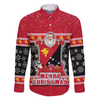Custom Papua New Guinea Christmas Family Matching Short Sleeve Bodycon Dress and Hawaiian Shirt Santa With Flag Of PNG Polynesian Tribal Xmas Vibe LT03 Dad's Shirt - Long Sleeve Red - Polynesian Pride