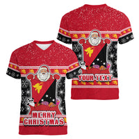 Custom Papua New Guinea Christmas Women V Neck T Shirt Santa With Flag Of PNG Polynesian Tribal Xmas Vibe LT03 - Polynesian Pride