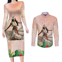 Woman Polynesian Tattoos Couples Matching Long Sleeve Bodycon Dress and Long Sleeve Button Shirt Tropical Flower - Peach Fuzz Color