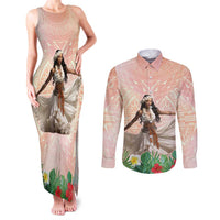 Woman Polynesian Tattoos Couples Matching Tank Maxi Dress and Long Sleeve Button Shirt Tropical Flower - Peach Fuzz Color