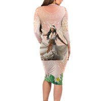 Woman Polynesian Tattoos Family Matching Long Sleeve Bodycon Dress and Hawaiian Shirt Tropical Flower - Peach Fuzz Color LT03 - Polynesian Pride