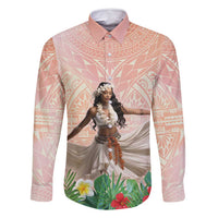 Woman Polynesian Tattoos Family Matching Off Shoulder Short Dress and Hawaiian Shirt Tropical Flower - Peach Fuzz Color LT03 Dad's Shirt - Long Sleeve Peach Fuzz - Polynesian Pride