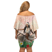 Woman Polynesian Tattoos Family Matching Off Shoulder Short Dress and Hawaiian Shirt Tropical Flower - Peach Fuzz Color LT03 - Polynesian Pride