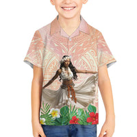 Woman Polynesian Tattoos Family Matching Off Shoulder Short Dress and Hawaiian Shirt Tropical Flower - Peach Fuzz Color LT03 Son's Shirt Peach Fuzz - Polynesian Pride