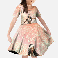 Woman Polynesian Tattoos Family Matching Short Sleeve Bodycon Dress and Hawaiian Shirt Tropical Flower - Peach Fuzz Color LT03 Daughter's Dress Peach Fuzz - Polynesian Pride