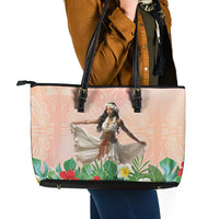 Woman Polynesian Tattoos Leather Tote Bag Tropical Flower - Peach Fuzz Color LT03 - Polynesian Pride