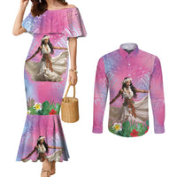 Woman Polynesian Tattoos Couples Matching Mermaid Dress and Long Sleeve Button Shirt Tropical Flower - Sweets Vibrant Color