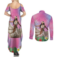 Woman Polynesian Tattoos Couples Matching Summer Maxi Dress and Long Sleeve Button Shirt Tropical Flower - Sweets Vibrant Color