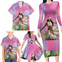Woman Polynesian Tattoos Family Matching Long Sleeve Bodycon Dress and Hawaiian Shirt Tropical Flower - Sweets Vibrant Color LT03 - Polynesian Pride