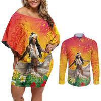 Woman Polynesian Tattoos Couples Matching Off Shoulder Short Dress and Long Sleeve Button Shirt Tropical Flower - Vibrant Hot Color