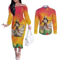 Woman Polynesian Tattoos Couples Matching Off The Shoulder Long Sleeve Dress and Long Sleeve Button Shirt Tropical Flower - Vibrant Hot Color