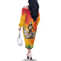 Woman Polynesian Tattoos Family Matching Off The Shoulder Long Sleeve Dress and Hawaiian Shirt Tropical Flower - Vibrant Hot Color