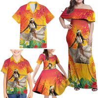 Woman Polynesian Tattoos Family Matching Off Shoulder Maxi Dress and Hawaiian Shirt Tropical Flower - Vibrant Hot Color LT03 - Polynesian Pride