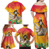 Woman Polynesian Tattoos Family Matching Off Shoulder Maxi Dress and Hawaiian Shirt Tropical Flower - Vibrant Hot Color LT03 - Polynesian Pride