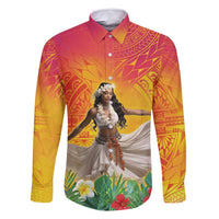 Woman Polynesian Tattoos Family Matching Off Shoulder Maxi Dress and Hawaiian Shirt Tropical Flower - Vibrant Hot Color LT03 Dad's Shirt - Long Sleeve Vibrant Gradient - Polynesian Pride