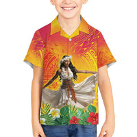 Woman Polynesian Tattoos Family Matching Off Shoulder Maxi Dress and Hawaiian Shirt Tropical Flower - Vibrant Hot Color LT03 Son's Shirt Vibrant Gradient - Polynesian Pride