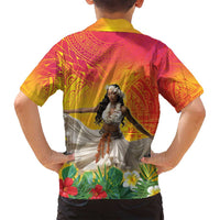 Woman Polynesian Tattoos Family Matching Off Shoulder Short Dress and Hawaiian Shirt Tropical Flower - Vibrant Hot Color LT03 - Polynesian Pride