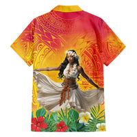 Woman Polynesian Tattoos Family Matching Off Shoulder Short Dress and Hawaiian Shirt Tropical Flower - Vibrant Hot Color LT03 - Polynesian Pride