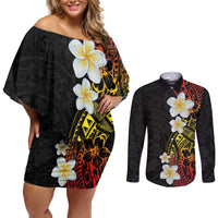 Plumeria Couples Matching Off Shoulder Short Dress and Long Sleeve Button Shirt Polynesian Tribal Frangipani Sunset