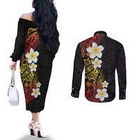 Plumeria Couples Matching Off The Shoulder Long Sleeve Dress and Long Sleeve Button Shirt Polynesian Tribal Frangipani Sunset