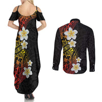 Plumeria Couples Matching Summer Maxi Dress and Long Sleeve Button Shirt Polynesian Tribal Frangipani Sunset
