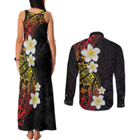 Plumeria Couples Matching Tank Maxi Dress and Long Sleeve Button Shirt Polynesian Tribal Frangipani Sunset