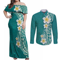 Plumeria Couples Matching Off Shoulder Maxi Dress and Long Sleeve Button Shirt Polynesian Tribal Frangipani Teal