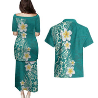 Plumeria Couples Matching Puletasi and Hawaiian Shirt Polynesian Tribal Frangipani Teal