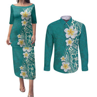 Plumeria Couples Matching Puletasi and Long Sleeve Button Shirt Polynesian Tribal Frangipani Teal