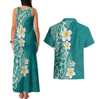 Plumeria Couples Matching Tank Maxi Dress and Hawaiian Shirt Polynesian Tribal Frangipani Teal
