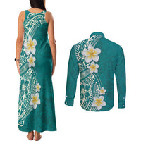 Plumeria Couples Matching Tank Maxi Dress and Long Sleeve Button Shirt Polynesian Tribal Frangipani Teal