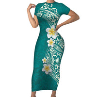 Plumeria Family Matching Short Sleeve Bodycon Dress and Hawaiian Shirt Polynesian Tribal Frangipani Teal LT03 Mom's Dress Teal - Polynesian Pride