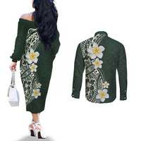 Plumeria Couples Matching Off The Shoulder Long Sleeve Dress and Long Sleeve Button Shirt Polynesian Tribal Frangipani Green