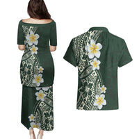 Plumeria Couples Matching Puletasi and Hawaiian Shirt Polynesian Tribal Frangipani Green