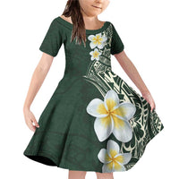 Plumeria Family Matching Off Shoulder Short Dress and Hawaiian Shirt Polynesian Tribal Frangipani Green LT03 Daughter's Dress Green - Polynesian Pride