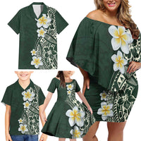 Plumeria Family Matching Off Shoulder Short Dress and Hawaiian Shirt Polynesian Tribal Frangipani Green LT03 - Polynesian Pride