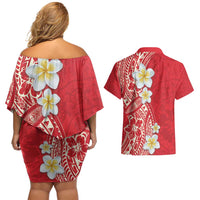 Plumeria Couples Matching Off Shoulder Short Dress and Hawaiian Shirt Polynesian Tribal Frangipani Red