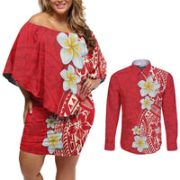 Plumeria Couples Matching Off Shoulder Short Dress and Long Sleeve Button Shirt Polynesian Tribal Frangipani Red
