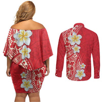 Plumeria Couples Matching Off Shoulder Short Dress and Long Sleeve Button Shirt Polynesian Tribal Frangipani Red