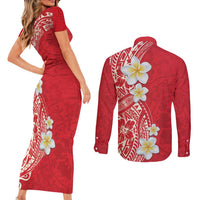 Plumeria Couples Matching Short Sleeve Bodycon Dress and Long Sleeve Button Shirt Polynesian Tribal Frangipani Red