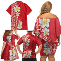 Plumeria Family Matching Off Shoulder Short Dress and Hawaiian Shirt Polynesian Tribal Frangipani Red LT03 - Polynesian Pride
