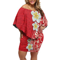 Plumeria Family Matching Off Shoulder Short Dress and Hawaiian Shirt Polynesian Tribal Frangipani Red LT03 Mom's Dress Red - Polynesian Pride