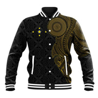 Niue Polynesian Hiapo Tattoo Art Baseball Jacket Half Style Black Gold Color - Polynesian Pride