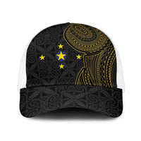 Niue Polynesian Hiapo Tattoo Art Baseball Net Cap Half Style Black Gold Color - Polynesian Pride