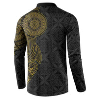 Niue Polynesian Hiapo Tattoo Art Button Sweatshirt Half Style Black Gold Color - Polynesian Pride