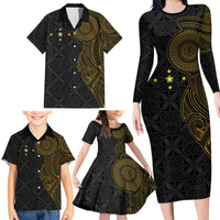 Niue Polynesian Hiapo Tattoo Art Family Matching Long Sleeve Bodycon Dress and Hawaiian Shirt Half Style Black Gold Color - Polynesian Pride