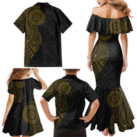 Niue Polynesian Hiapo Tattoo Art Family Matching Mermaid Dress and Hawaiian Shirt Half Style Black Gold Color - Polynesian Pride