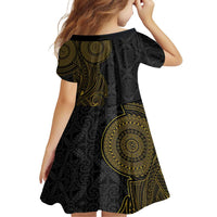 Niue Polynesian Hiapo Tattoo Art Family Matching Off Shoulder Short Dress and Hawaiian Shirt Half Style Black Gold Color LT03 - Polynesian Pride
